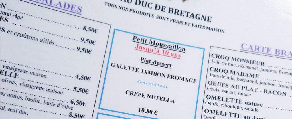 Menu de restaurante francês