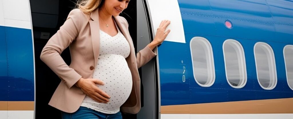 Mulher gávida saindo de um avião