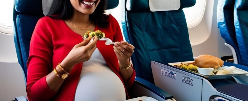 Mulher grávida comendo em avião