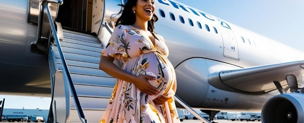 Mulher grávida saindo de avião