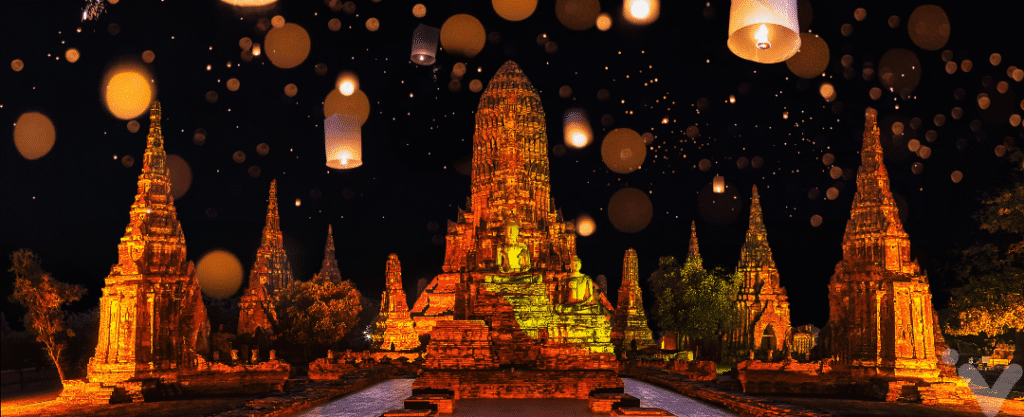 Vista do Ayutthaya Historical Park no festival Loy Kratong