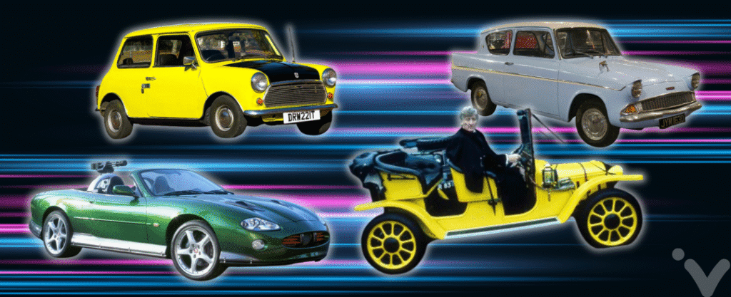Montagem com os carros Mini do Mr. Bean, o Ford Anglia "voador" de Harry Potter e a Câmara Secreta, o Jaguar XKR do filme de James Bond "Um Novo Dia para Morrer" e o adorado carro de Doctor Who, Bessie, no Museu Nacional do Automóvel, Beaulieu, Hampshire, Inglaterra