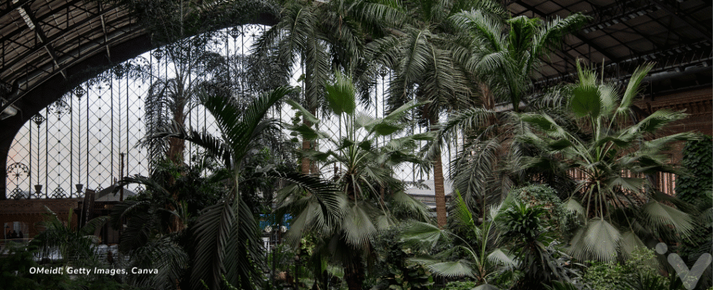 Jardim interno da estação de trem Atocha em Madri, Espanha