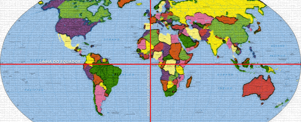 Mapa mundi com a linha do Equador e o meridiano de Greenwich atravessando a África